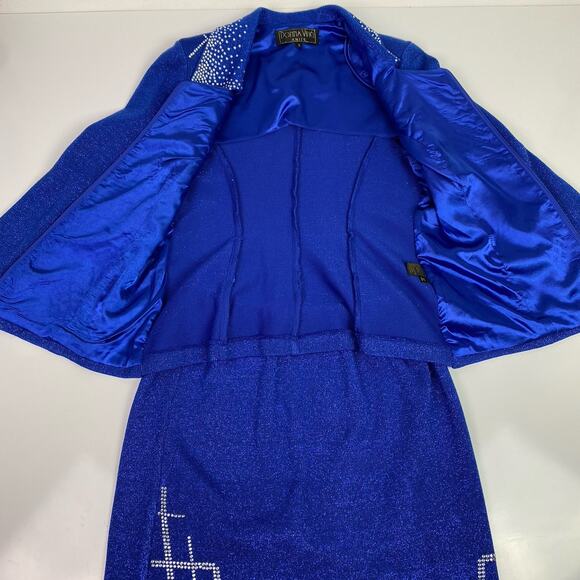 STUNNING rhinestone Donna Vinci Knits Church Skirt Suit 8 Blue Wool Blend Jewels - Picture 8 of 16